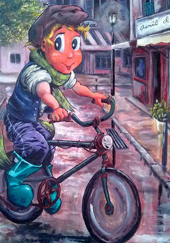 Ilustración de óleo sobre tela. Niño paseando en bicicleta bajo la lluvia por una calle de París