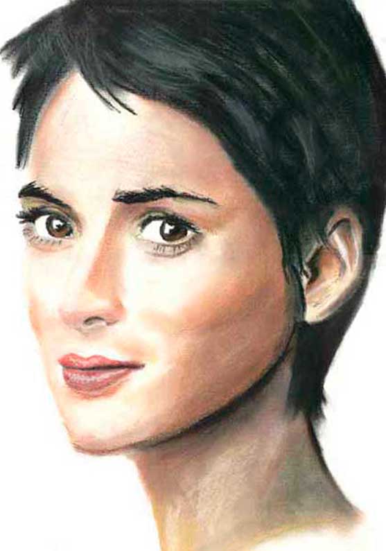 Ilustración de pastel sobre papel Canson. Mujer de mirada triste y risueña, Winona Rider