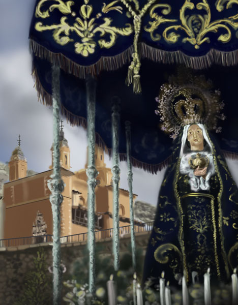 Detalle 4 Ilustración de familia posando junto a la Virgen de la Soledad del Puente de Cuenca. Sobre lienzo 42xm x 60cm