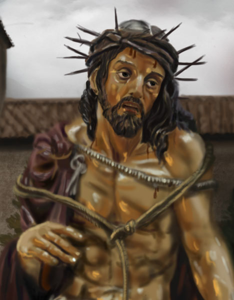 Detalle 2 Ilustración de nazareno posando junto a la imagen de Semana Santa de Cuenca, al fondo la iglesia de San Miguel de Cuenca. Sobre lienzo 42xm x 60cm