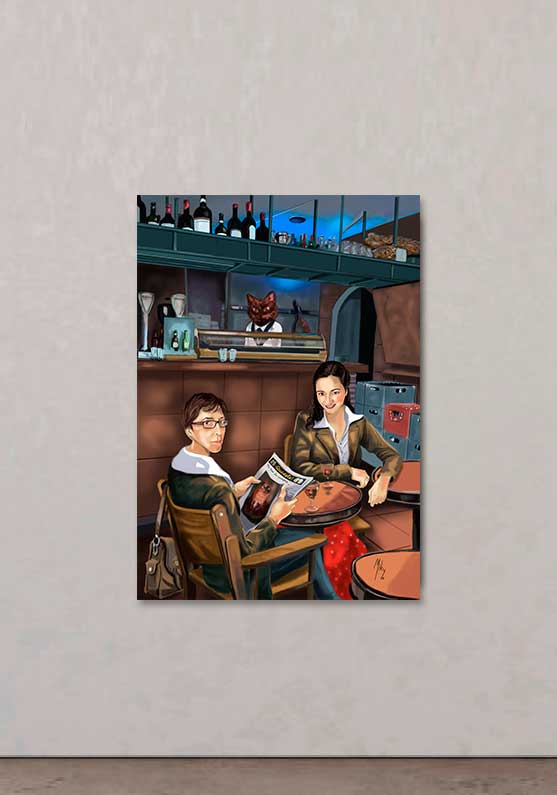Detalle 4 Cuadro de dos chicas sentadas charlando en el bar de la ciudad Cuenca llamado Qúedate