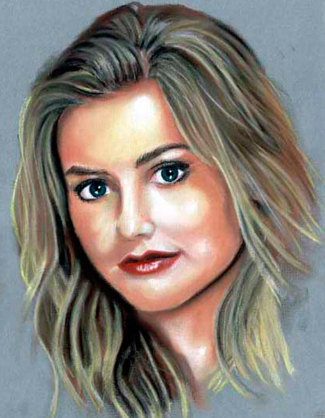 Detalle 1 Ilustración de pastel sobre papel Canson. Mujer rubia risueña, Alicia silverstone