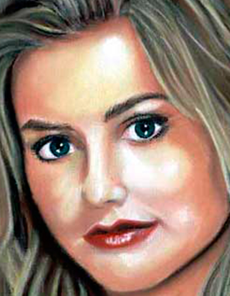 Detalle 2 Ilustración de pastel sobre papel Canson. Mujer rubia risueña, Alicia silverstone