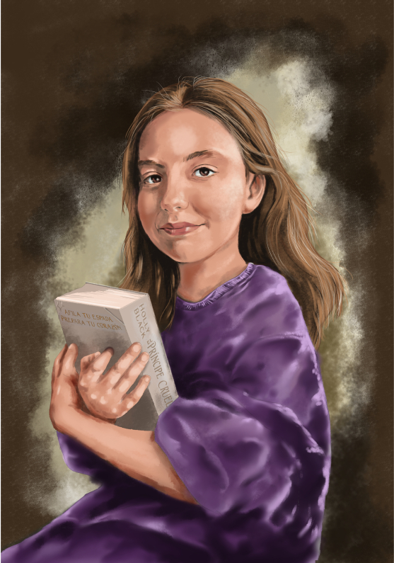 Detalle 1 Retrato de una niña sobre lienzo con un libro entre las manos