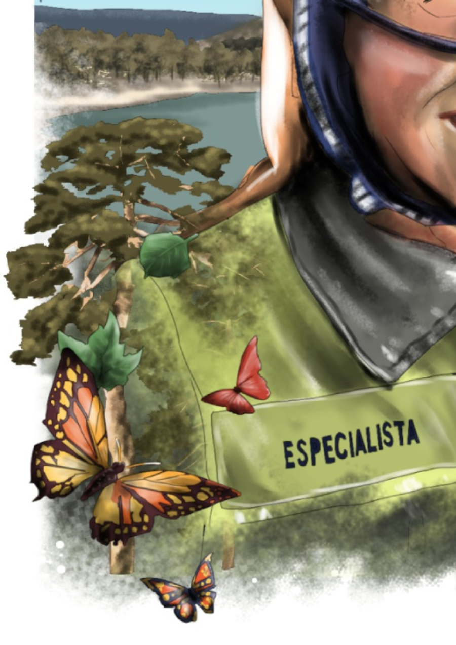 Detalle 3 Ilustración para el día de la mujer trabajadora, día 8 de marzo de 2025. Dibujo de Bombera forestal, trabajadora de la empresa pública Geacam