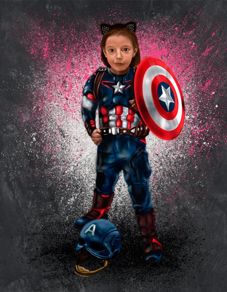 Detalle 1 Gran fan de Disney y de Marvel. Ilustración de una niña de 6 años como Capitán América.