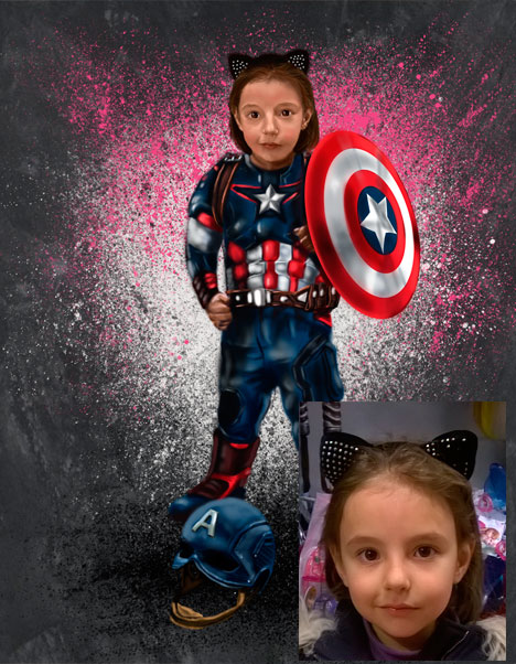 Detalle 4 Gran fan de Disney y de Marvel. Ilustración de una niña de 6 años como Capitán América.