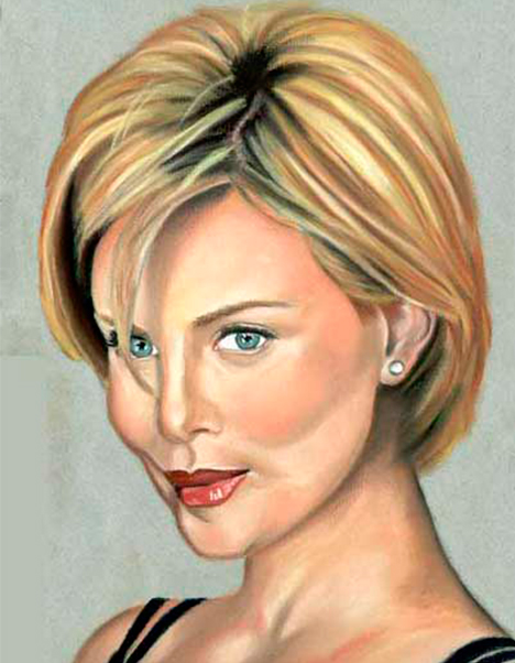 Detalle 1 Ilustración de pastel sobre papel Canson. Mujer de mirada triste y risueña, charlize theron