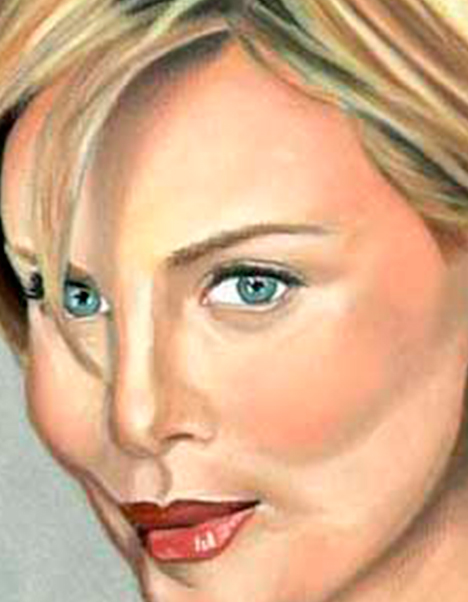 Detalle 2 Ilustración de pastel sobre papel Canson. Mujer de mirada triste y risueña, charlize theron