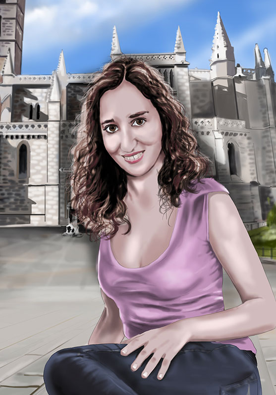 Detalle 2 Cuadro de un retrato de una chica sentada en la plaza de la iglesia Santa María de Valladolid