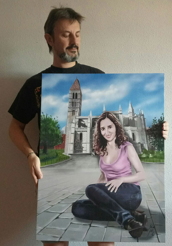 Detalle 3 Cuadro de un retrato de una chica sentada en la plaza de la iglesia Santa María de Valladolid