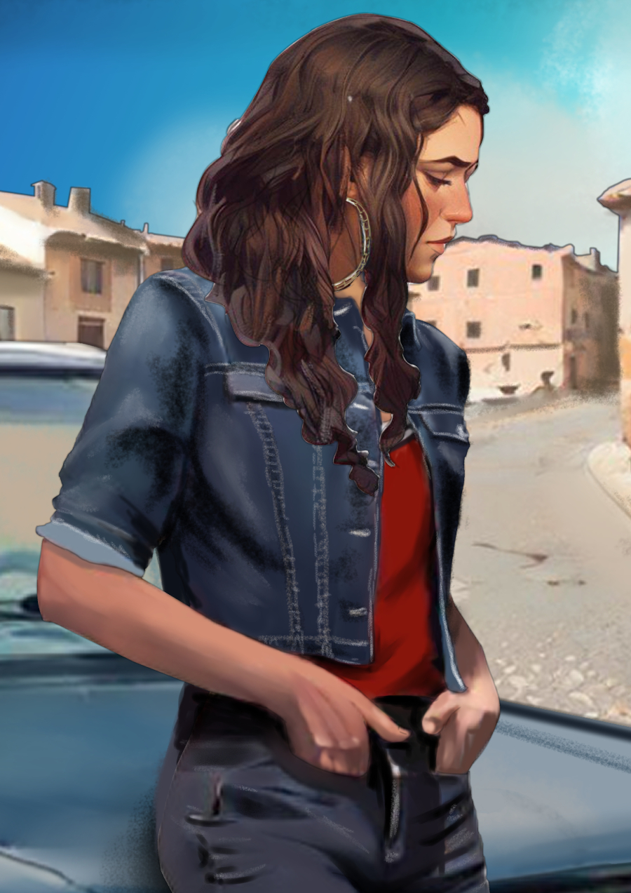 Detalle 2 Ilustración de una joven en la época del cine Quinqui, apoyada en un coche seat de la época, en el casco antiguo de Cuenca