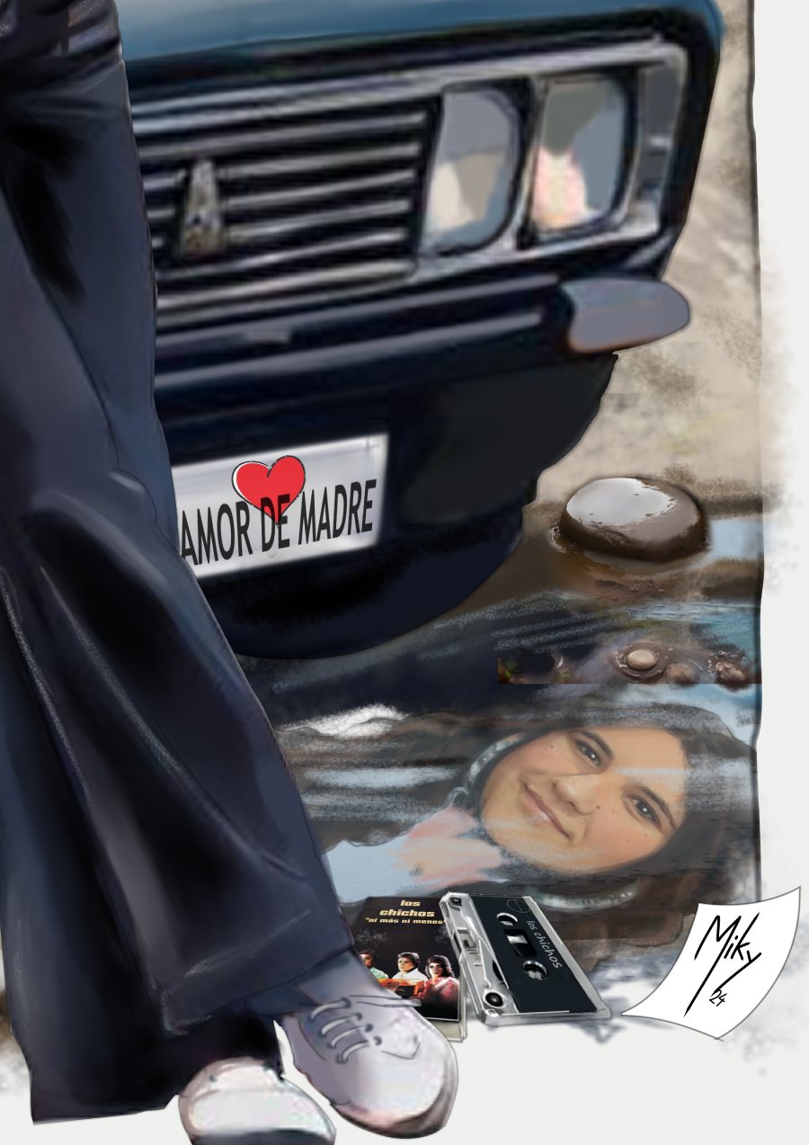 Detalle 3 Ilustración de una joven en la época del cine Quinqui, apoyada en un coche seat de la época, en el casco antiguo de Cuenca