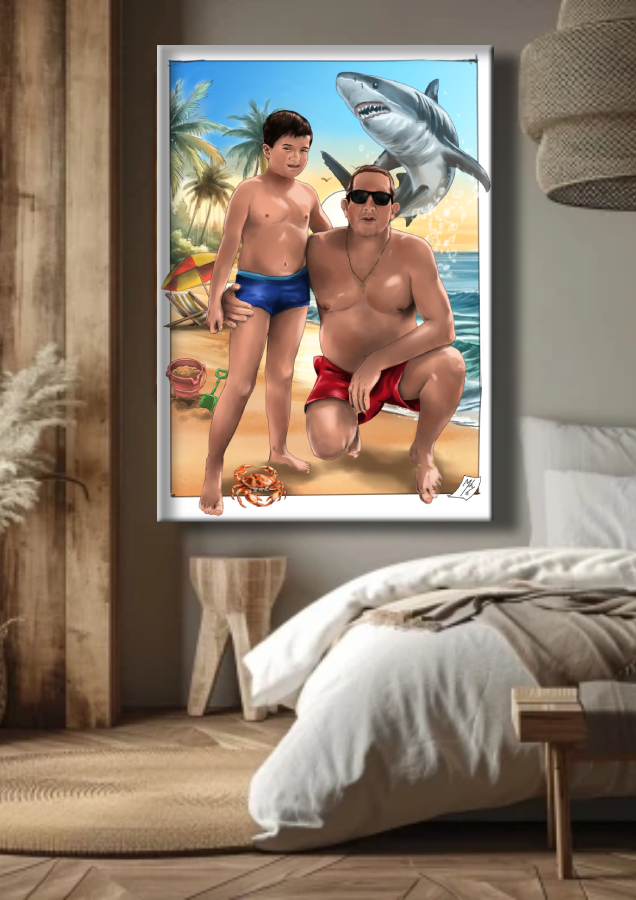 Detalle 4 Este dibujo combina el relax de un día de playa con el inesperado (y cómico) encuentro con un tiburón. Con un estilo desenfadado y personajes llenos de expresividad, la escena capta ese momento divertido que descubre que no está solo en el agua.