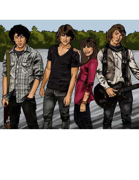 Detalle 1 Retrato de Demi Lovato posando con los Jonas Brothers. Si quieres algo original para decorar tu casa, la ilustración tipo comic es ideal..