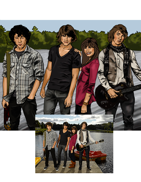 Detalle 4 Retrato de Demi Lovato posando con los Jonas Brothers. Si quieres algo original para decorar tu casa, la ilustración tipo comic es ideal..