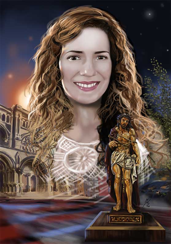Detalle 1 Retrato de una chica sobre un fondo de la catedral de Cuenca y la imagen del Ecce-Homo De San Miguel Cuenca
