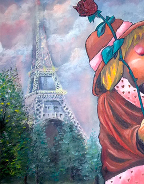 Detalle 3 Ilustración de óleo sobre tela. Niño besando a su primer amor de juventud sobre la torre eiffel