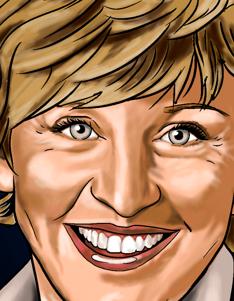 Detalle 2 Retrato de  Ellen Degeneres. Si quieres algo original para decorar tu casa, la ilustración tipo comic es ideal..