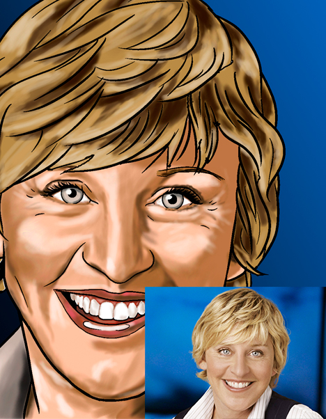 Detalle 3 Retrato de  Ellen Degeneres. Si quieres algo original para decorar tu casa, la ilustración tipo comic es ideal..