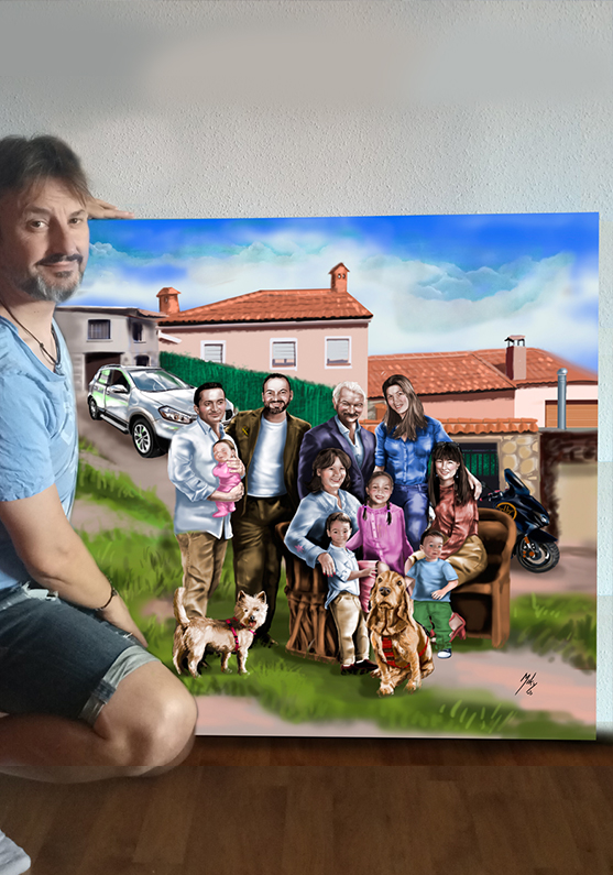 Detalle 4 Retrato de una familia al completo, al fondo la casa de su propiedad así como los vehículos. Realizado sobre lienzo con capas de óleo.