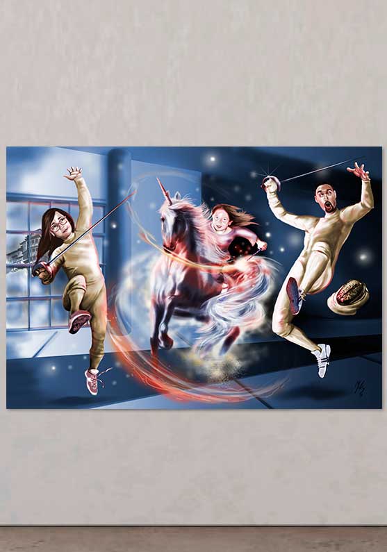Detalle 1 Ilustración del deporte de esgrima y la aparición inesperada de la niña montado en un unicornio y su varita mágica