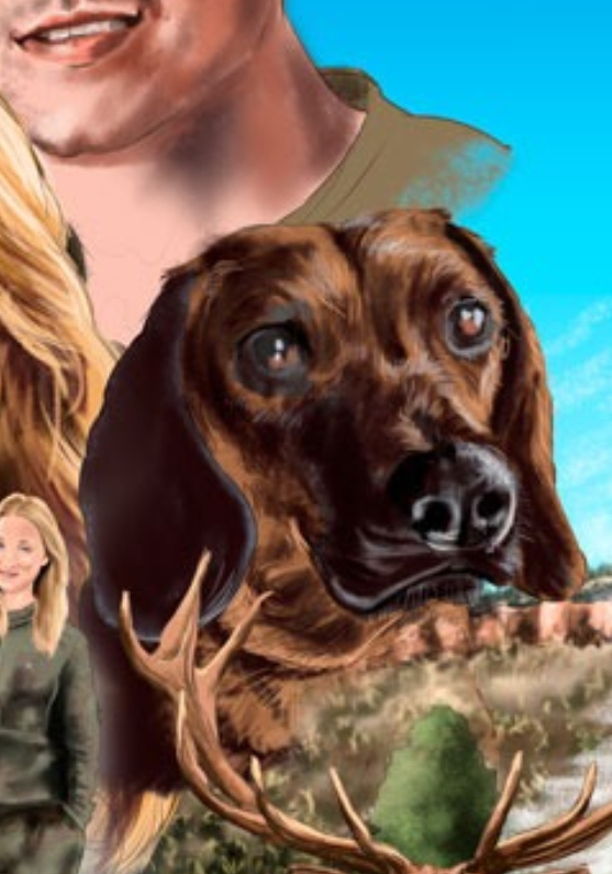 Detalle 3 Retrato de una pareja con perro. Ilustración que refleja todos los hobbies que tienen la pareja, todo relacionado con la naturaleza