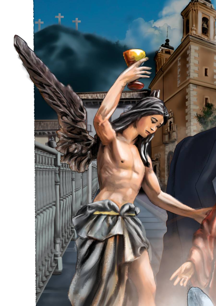 Detalle 3 Ilustración de Juan I. Cantero, pregonero de la Semana Santa de Cuenca de 2025. Ilustración con la Iglesia de San Antón y el paso de semana santa el Huerto de San Antón
