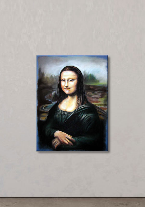 Detalle 4 Interpretación libre sobre el cuadro de la Gioconda de Leonardo da Vinci con óleo sobre tela. Tamaño 65x54 cm.