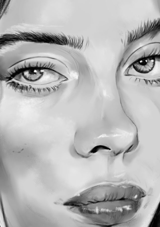 Detalle 3 Retrato a lápiz de Billie Eilish con toques de carboncillo