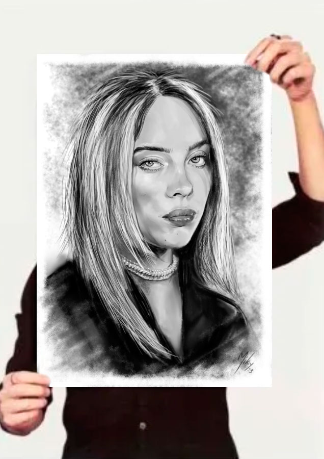 Detalle 4 Retrato a lápiz de Billie Eilish con toques de carboncillo