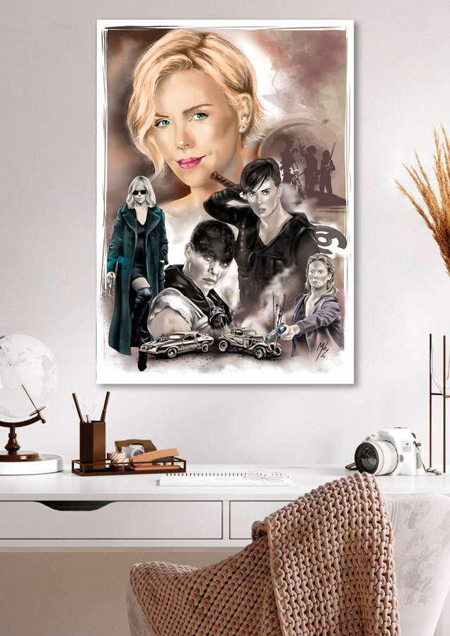 Detalle 4 Lámina de la actriz Charlize Theron con una muestra de algunas de sus películas como protagonista