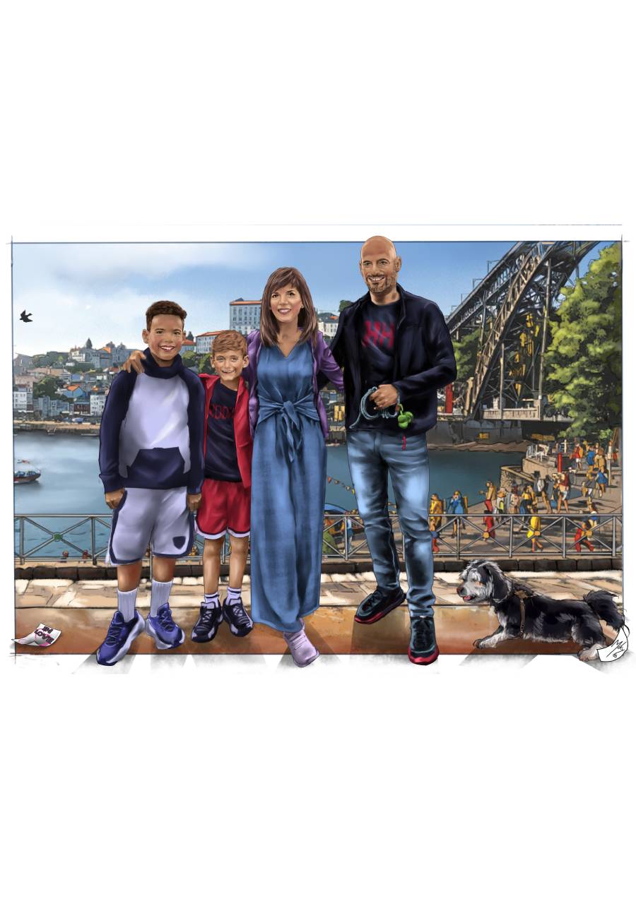 Detalle 1 Descubre la magia de un dibujo familiar personalizado con fondo de Oporto, una ilustración única que combina el amor familiar con la belleza de este país lleno de historia y encanto.