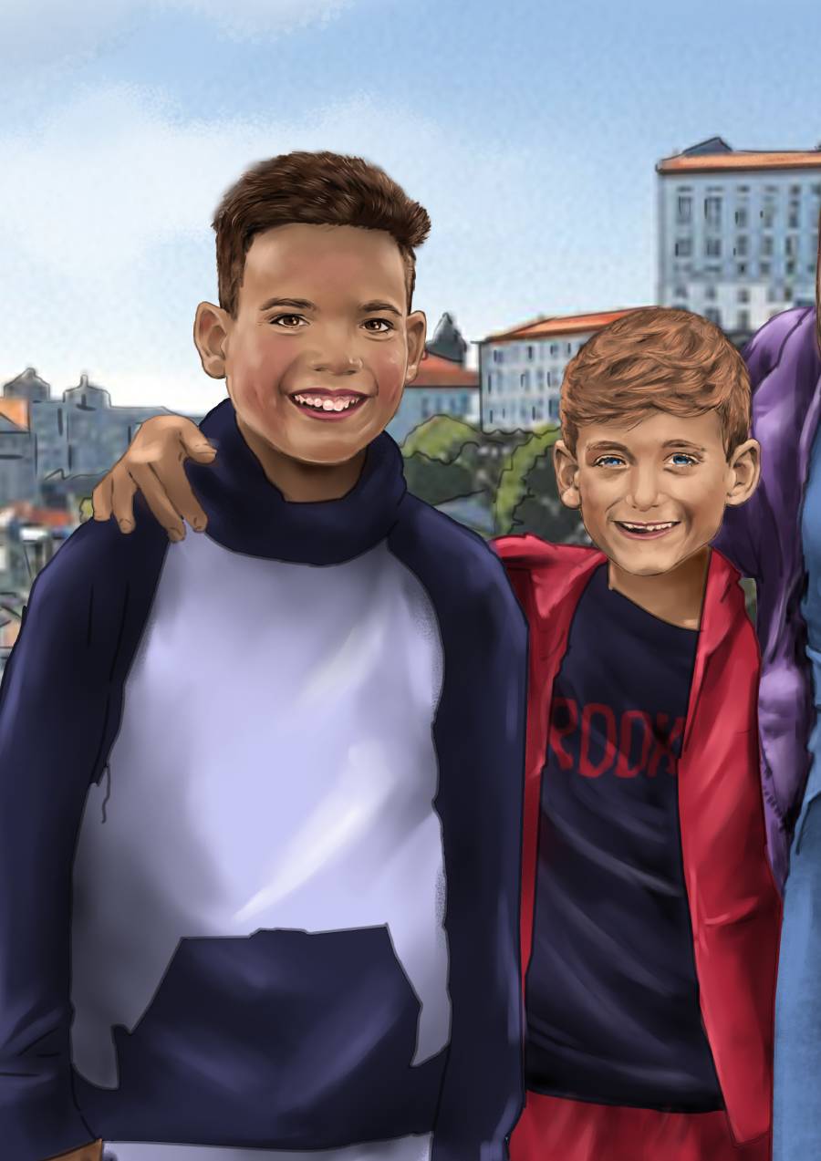 Detalle 2 Descubre la magia de un dibujo familiar personalizado con fondo de Oporto, una ilustración única que combina el amor familiar con la belleza de este país lleno de historia y encanto.
