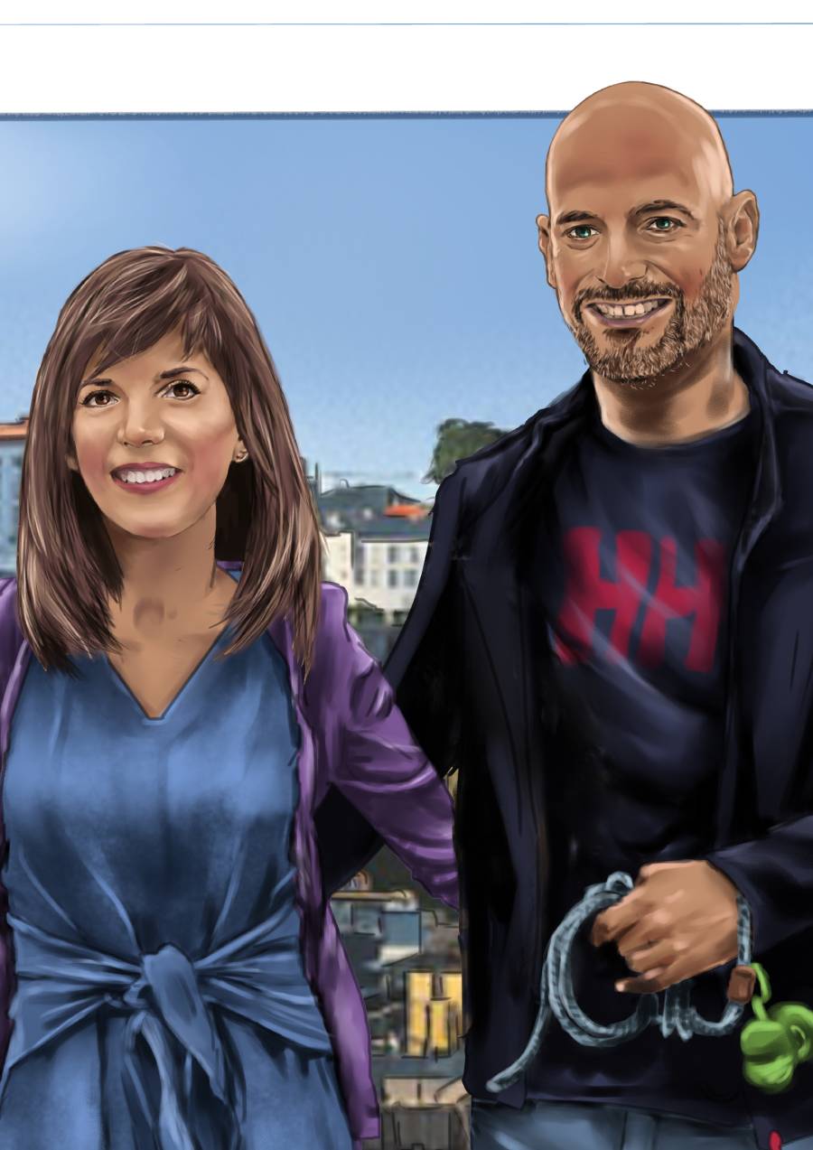 Detalle 3 Descubre la magia de un dibujo familiar personalizado con fondo de Oporto, una ilustración única que combina el amor familiar con la belleza de este país lleno de historia y encanto.