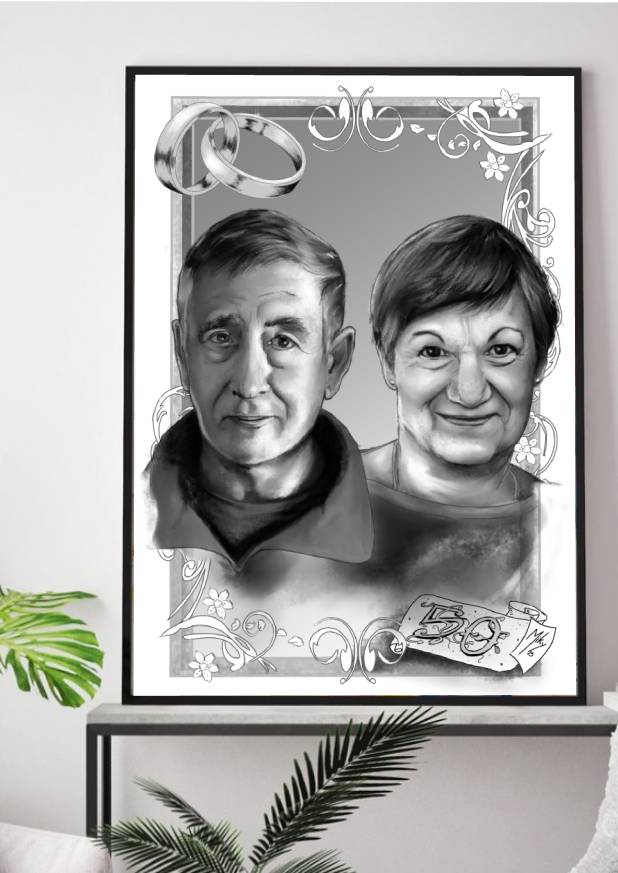 Detalle 4 celebración íntima de unas bodas de oro, capturada en tonos de blanco y negro que evocan nostalgia y elegancia. En la imagen se percibe la unión de una pareja que ha compartido cincuenta años de vida juntos, rodeada de familiares y seres queridos.