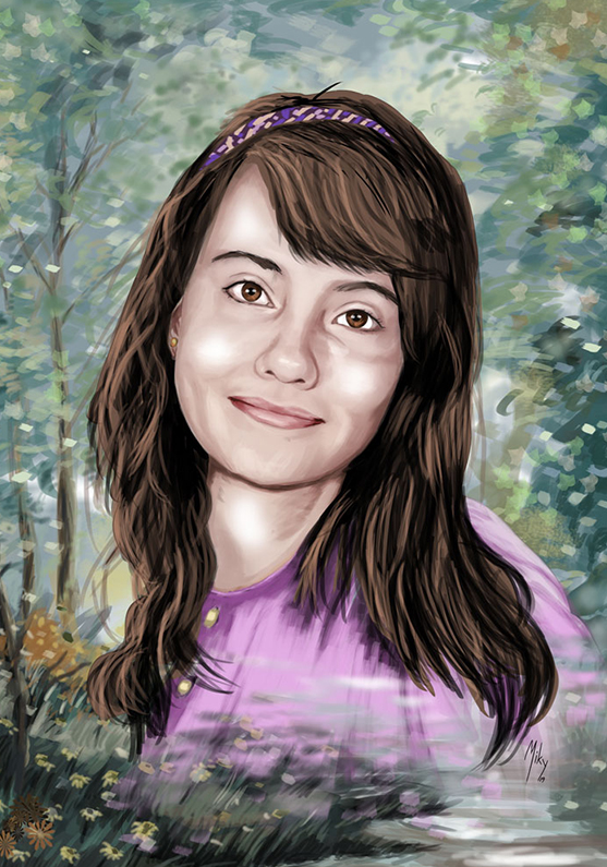 Detalle 1 Retrato de una joven sonriente con un fondo primaveral. Ilustración realizada a tamaño A2 en soporte papel