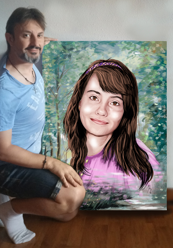 Detalle 4 Retrato de una joven sonriente con un fondo primaveral. Ilustración realizada a tamaño A2 en soporte papel