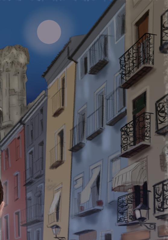 Detalle 4 Retrato de un nazareno vestido con los colores de la hermandad, de Semana Santa de Cuenca, Soledad del Puente. Al fondo la plaza mayor con la Catedral de Cuenca