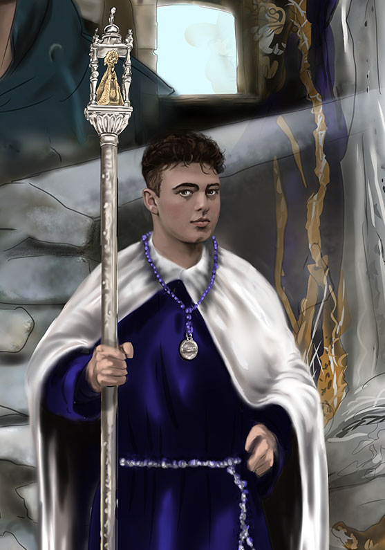 Detalle 3 Retrato de un nazareno con el paso de Semana Santa de la Virgen de la Soledad del Puente, al fondo está situado la Puerta de San Juan de Cuenca