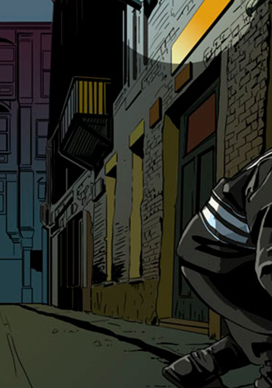 Detalle 3 Dibujo a color de un joven ninja recorriendo las nocturnas calles del norte de inglaterra