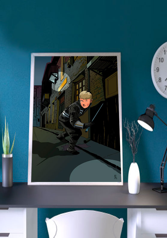 Detalle 4 Dibujo a color de un joven ninja recorriendo las nocturnas calles del norte de inglaterra
