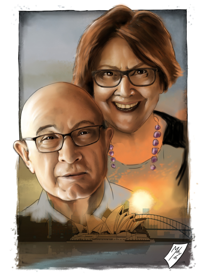 Detalle 1 Retrato de una pareja de Australianos y de fondo la Opera House de Sydney, Australia