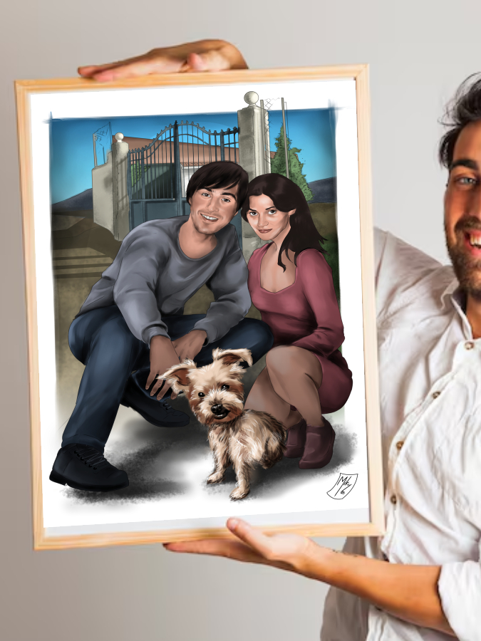 Detalle 4 Retrato personalizado de una pareja con su mascota hecho a medida.