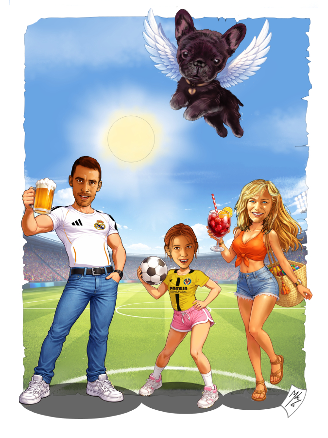 Detalle 1 Divertido dibujo personalizado de una familia futbolera unido por su pasión por el fútbol. Una ilustración original y llena de detalles simpáticos, perfecta para regalar y recordar momentos especiales en familia. Ideal como regalo personalizado para amantes del deporte y del buen humor.