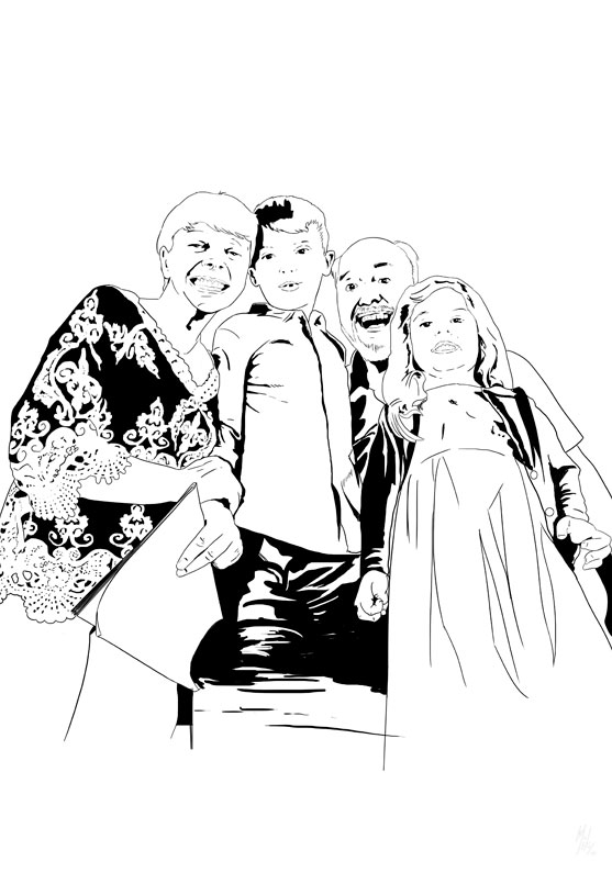 Detalle 3 Retrato de los abuelos y sus nietos. Dibujo realizado a lápiz, entintado y coloreado digitalmente