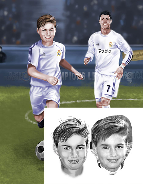 Detalle 4 Retrato de Pablo jugando al futbol en el campo Santiago Bernabeu con su ídolo Cristiano Ronaldo. Realizado a lapiz y coloreado digitalmente