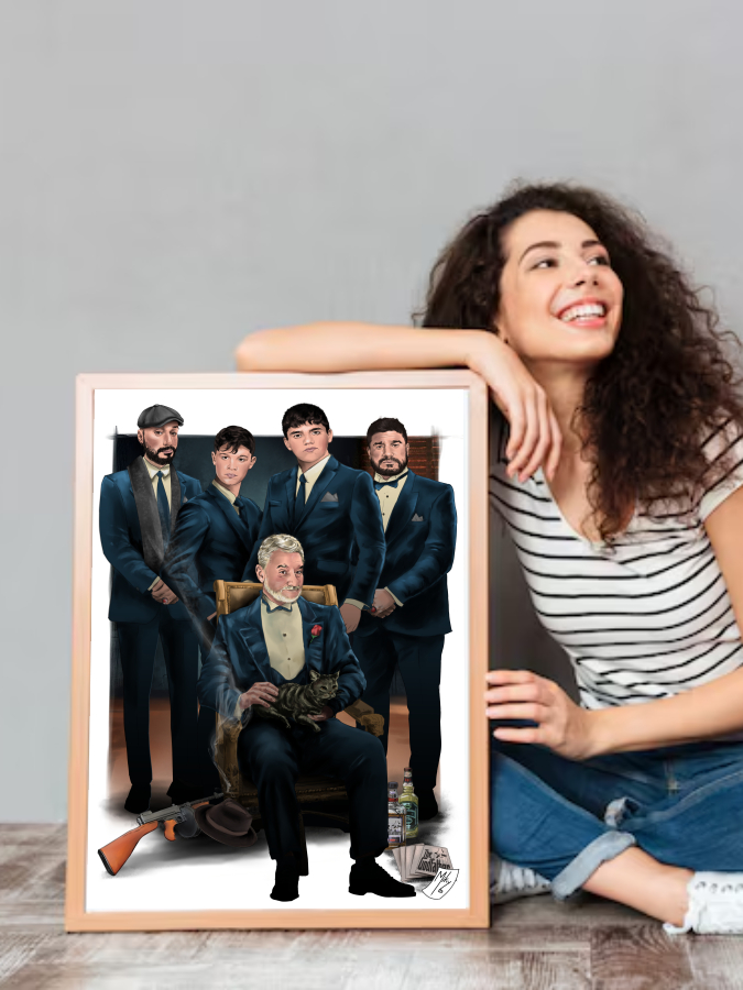 Detalle 4 Retrato familiar caracterizado como la mafia italiana, inspirado en la icónica película El Padrino.