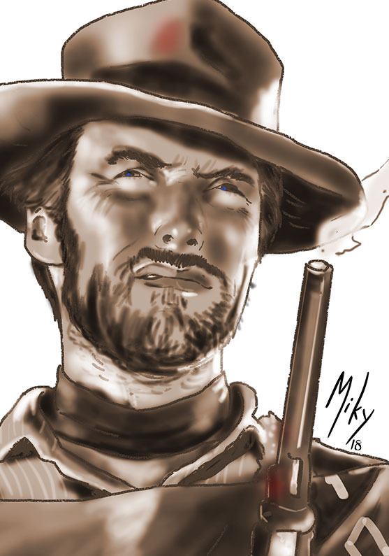 Detalle 3 Dibujo de la protagonista de los spagetti western de Sergio Leone, Clint Eastwood el hombre sin nombre