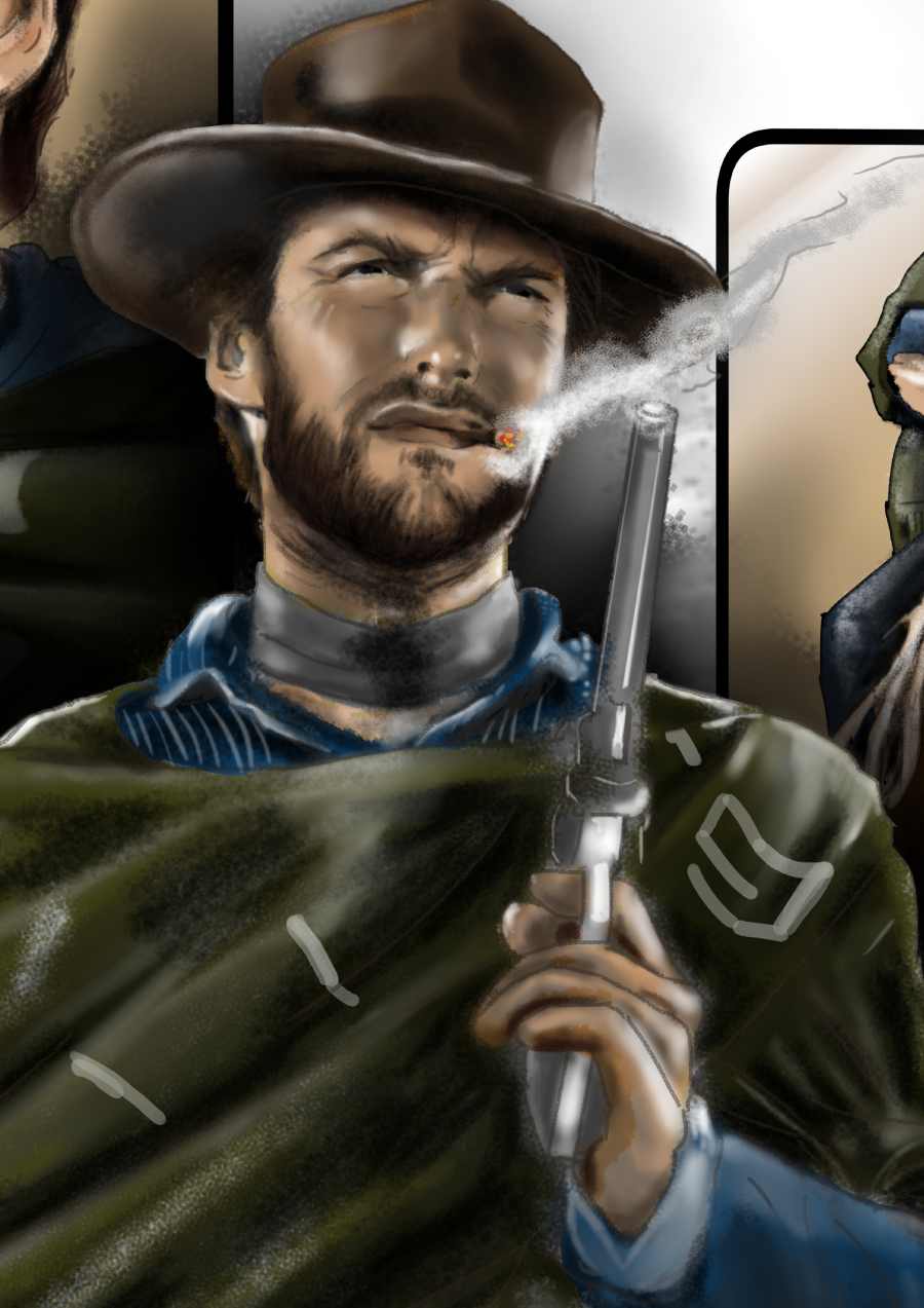 Detalle 3 Dibujo de la protagonista de los spagetti western de Sergio Leone, Clint Eastwood el hombre sin nombre